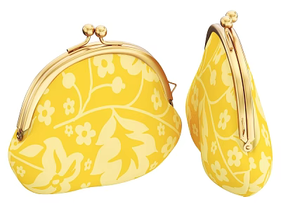 Yellow Floral Patterned Purses With Golden Metal Clasps And Leaf Designs 3d model