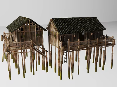 Traditional Wooden Stilt Houses in Rural Setting with Black Tiled Roofs and Balconies 3d model