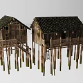 Traditional Wooden Stilt Houses in Rural Setting with Black Tiled Roofs and Balconies