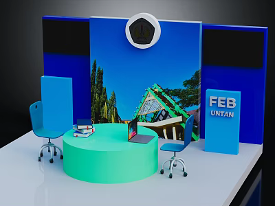 Modern Scene With Green Round Table Blue Chairs White Clock And FEB UNTAN Sign 3d model