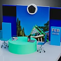 Modern Scene With Green Round Table Blue Chairs White Clock And FEB UNTAN Sign