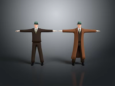 Two Characters Wearing Green Hats And Different Coats Standing With Outstretched Arms 3d model