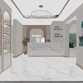 Bright Shop Front Desk with Marble Counter White Gold Decor Chandelier and Product Shelves
