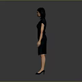 Elegant Woman In Black Dress Standing Against Gray Background With Confident Pose And Heels