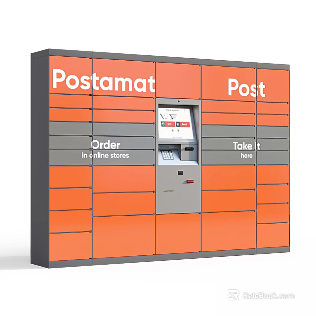 Public Automated Postamat Parcel Locker With Orange And Gray Sections Order And Take It Interface 3d model