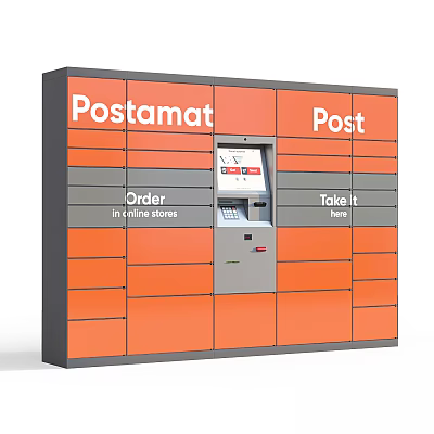Public Automated Postamat Parcel Locker With Orange And Gray Sections Order And Take It Interface 3d model