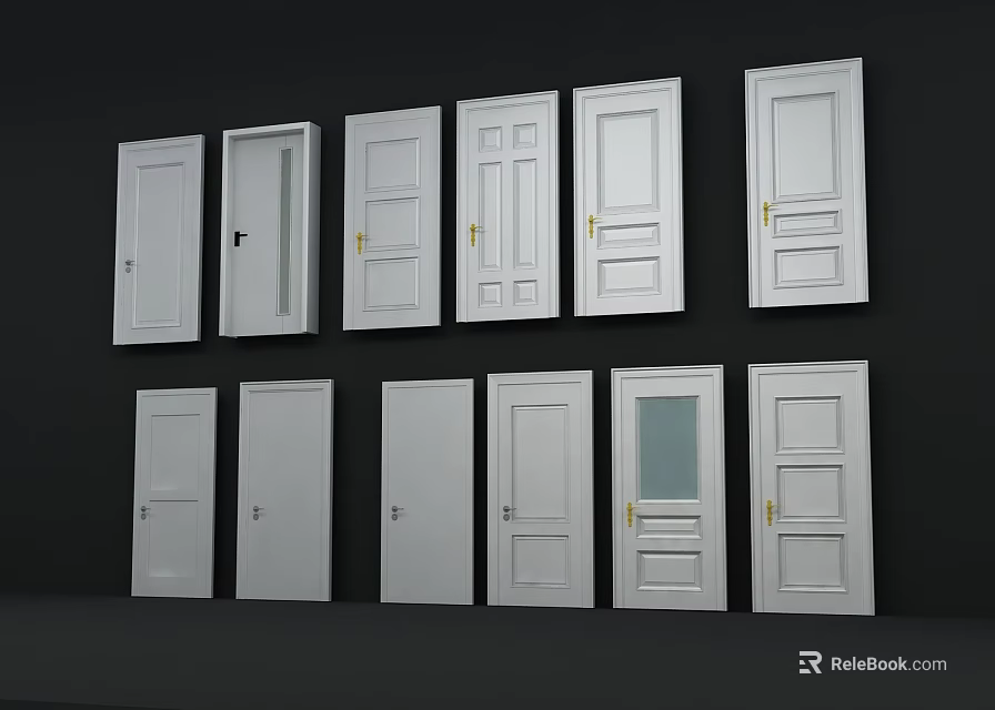 Multiple White Hinged Doors With Various Panel Designs And Handles 3d model