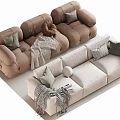 Modern Sectional Sofa Set With Brown And Beige Upholstery Green Pillows And Plaid Blankets