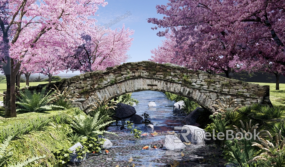 New Chinese Style Landscape Bridge Chinese Style Stone Arch Bridge Landscape Stone Bridge Stream River Waterfront River Landscape Peach Blossom Forest Creek model