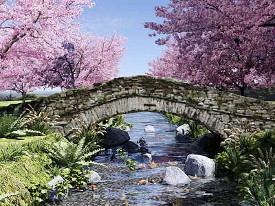 Scenic Stone Bridge Over Stream With Pink Cherry Blossom Trees Rocks Fish and Green Plants 3d model