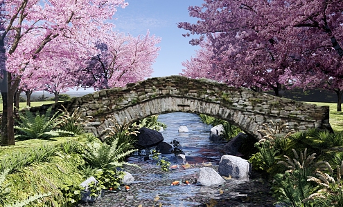 New Chinese Style Landscape Bridge Chinese Style Stone Arch Bridge Landscape Stone Bridge Stream River Waterfront River Landscape Peach Blossom Forest Creek 3d model