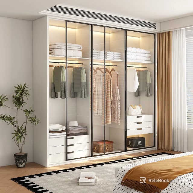 Modern Glass Door Wardrobe with Hanging Clothes Folded Towels Drawers and Storage Boxes in Bedroom 3d model 