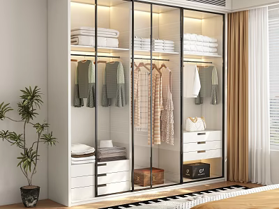 Modern Glass Door Wardrobe with Hanging Clothes Folded Towels Drawers and Storage Boxes in Bedroom 3d model