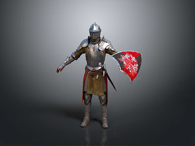 Man In Full Medieval Knight Armor Holding Red Shield Standing Pose 3d model