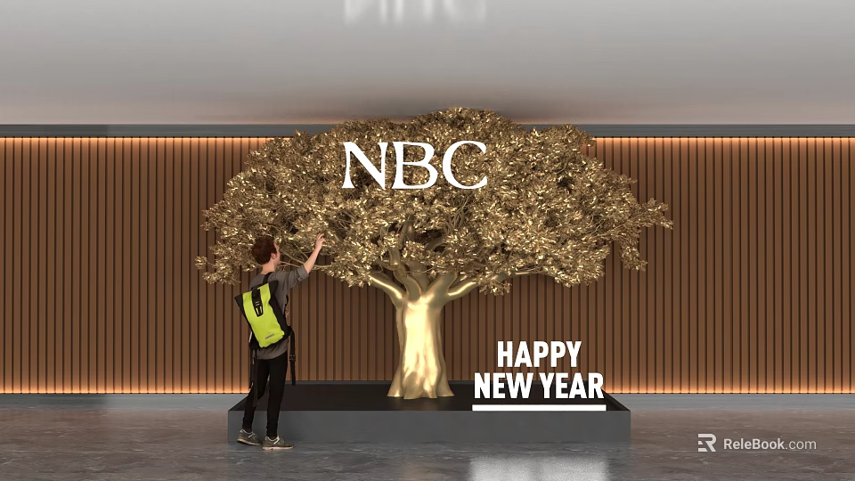 Popular Photo Spot with Golden Tree NBC Logo and Happy New Year Decorations 3d model 