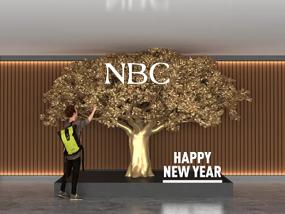Popular Photo Spot with Golden Tree NBC Logo and Happy New Year Decorations 3d model