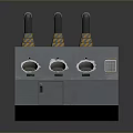 Gray Mechanical Device With Three Colored Striped Pipes Three Circular Openings And Control Panel