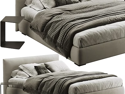 Modern Minimalist Bedroom Interior With Striped Bedding Gray Pillows And Nightstand 3d model