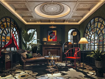 Elegant Private Box Interior With Stained Glass Windows Green Walls Fireplace And Sofa 3d model