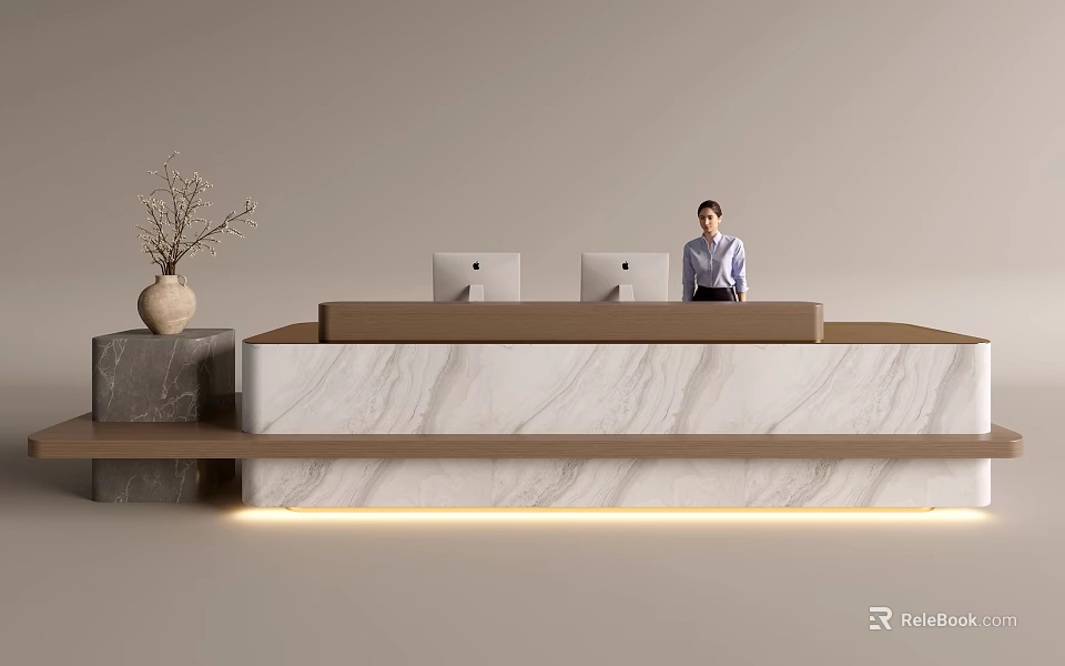 Modern Reception Desk With Marble Counter Two Computers And Vase With Branches 3d model 
