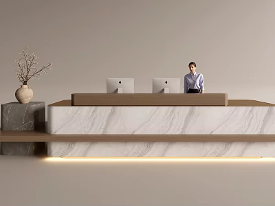 Modern Reception Desk With Marble Counter Two Computers And Vase With Branches 3d model