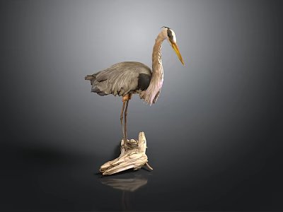 Detailed Gray Heron Sculpture With Long Yellow Beak And Wooden Base 3d model