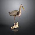 Detailed Gray Heron Sculpture With Long Yellow Beak And Wooden Base