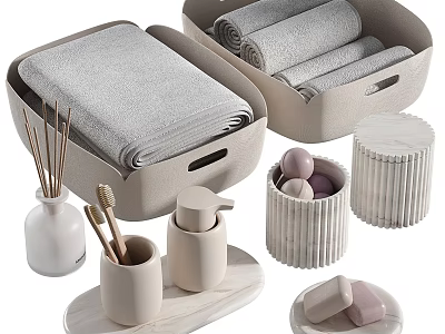 Stylish Laundry and Daily Essentials With Folded Towels Storage Baskets Aromatherapy Sticks And Soap Bars 3d model