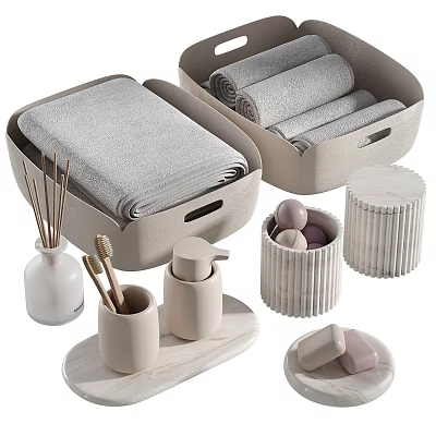 Stylish Laundry and Daily Essentials With Folded Towels Storage Baskets Aromatherapy Sticks And Soap Bars 3d model