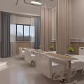 Spacious Modern Hospital Ward Interior With White Beds Wooden Panels And Gray Curtains