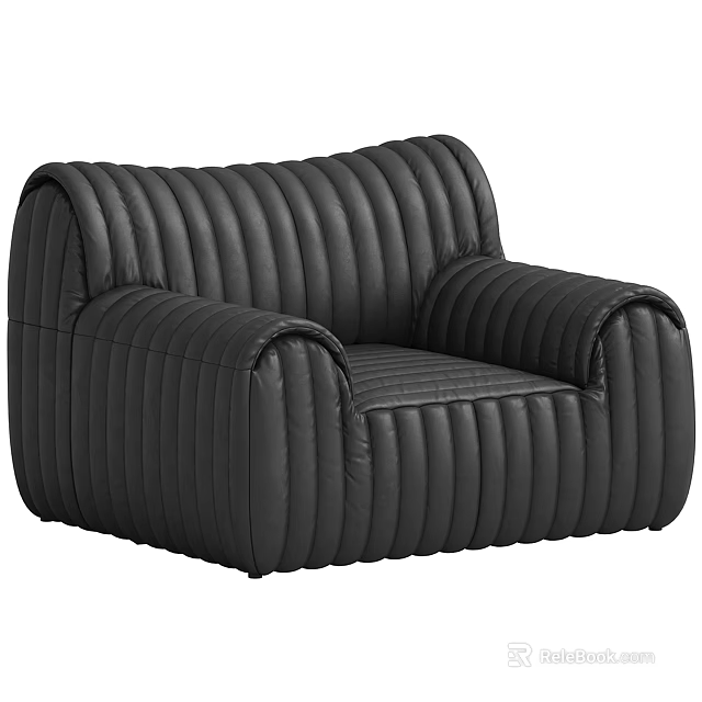 Modern Black Leather Single Sofa Featuring Vertical Ribbed Design And Rounded Armrests 3d model