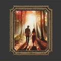 Golden Framed Artwork Of Two People Walking On Forest Path With Sunlight