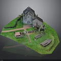 Old Church Building With Stone Structure Steeple Green Grass Path And Benches