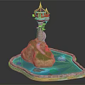 European Architecture Tower With Purple Roof Stone Base And Water Pool