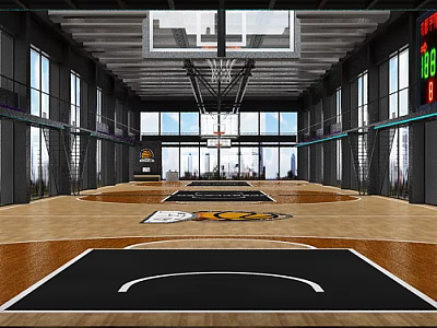 Spacious Indoor Basketball Court With Wooden Flooring Hoops Digital Scoreboard And Large Windows 3d model
