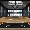 Spacious Indoor Basketball Court With Wooden Flooring Hoops Digital Scoreboard And Large Windows