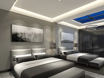 Modern Hotel Room Interior With Twin Beds Decorative Artwork And Recessed Lighting 3d model
