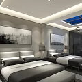 Modern Hotel Room Interior With Twin Beds Decorative Artwork And Recessed Lighting