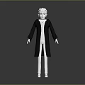 3D Model Man With White Hair In Black Coat White Innerwear Pants Shoes Gray Background