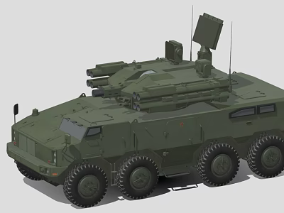 Green Military Tank With Multiple Wheels Top Mounted Weapons And Antennas 3d model