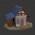 Small House Architecture With Blue Roof Chimney White Walls Blue Framed Windows And Orange Door