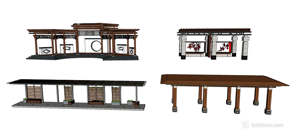 Traditional Chinese Pergola Design With Wooden Structure Roof Round Windows And Screen Panels 3d model 