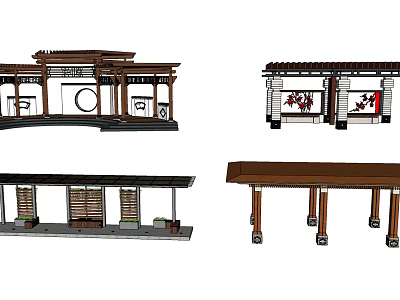 Traditional Chinese Pergola Design With Wooden Structure Roof Round Windows And Screen Panels 3d model