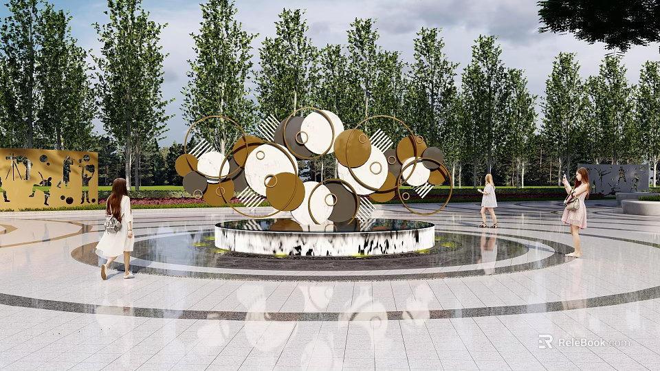 Modern Metal Sculpture With Circular Geometric Shapes In Outdoor Plaza With Fountain And Trees 3d model 
