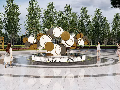 Modern Metal Sculpture With Circular Geometric Shapes In Outdoor Plaza With Fountain And Trees 3d model