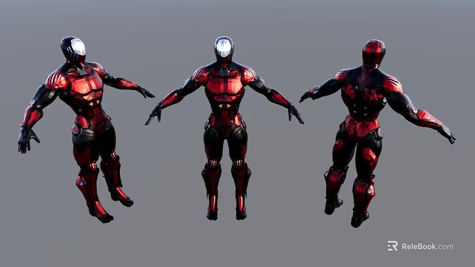 Game Movie Characters In Red And Black Armor With Three Different Poses 3d model 