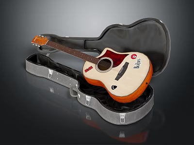 Musical Instrument Acoustic Guitar Placed in Open Hard Case with Natural Wood Design 3d model