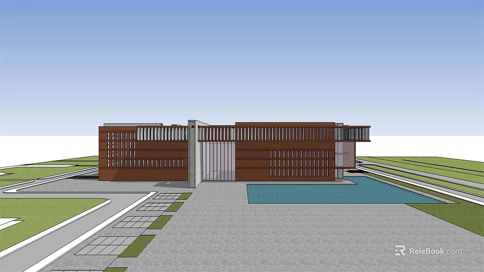 Modern Museum Building With Brown Facade Grid Design And Front Pool Area 3d model