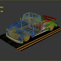 Vintage Rusty Truck With Red Rims On Yellow Striped Display Platform
