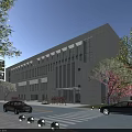 Modern Office Building Exterior With Stone Facade Glass Windows Trees And Parked Cars